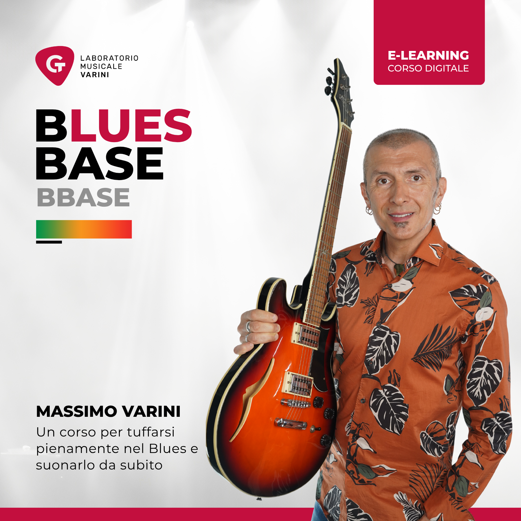 Copertina corso Blues Base: Massimo Varini con chitarra semiacustica insegna le basi del blues