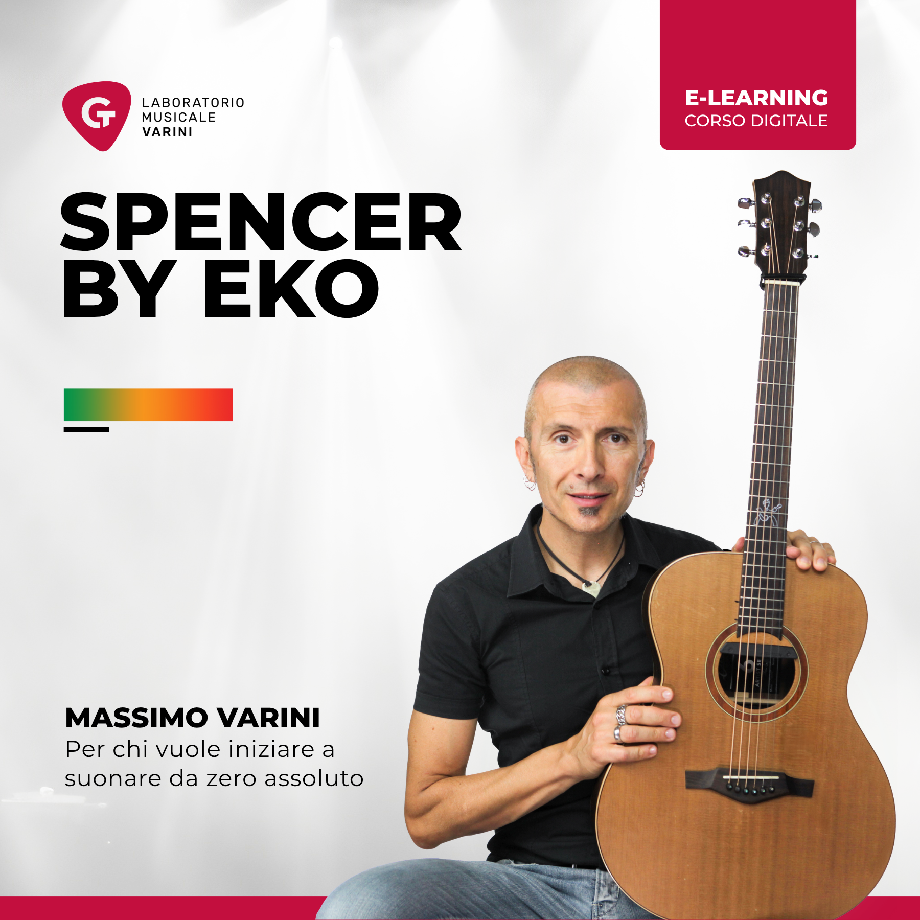 Copertina corso Spencer by Eko: Massimo Varini con chitarra acustica Eko per chi vuole iniziare da zero