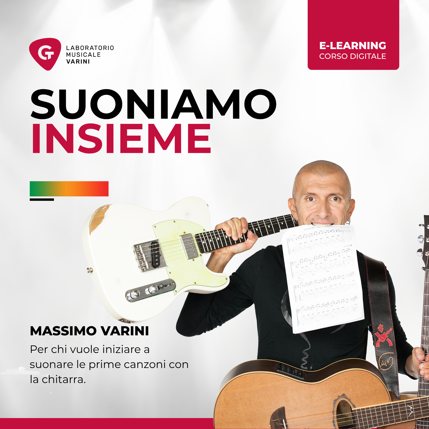 Copertina corso Suoniamo Insieme: Massimo Varini con chitarra e spartito insegna a suonare le prime canzoni